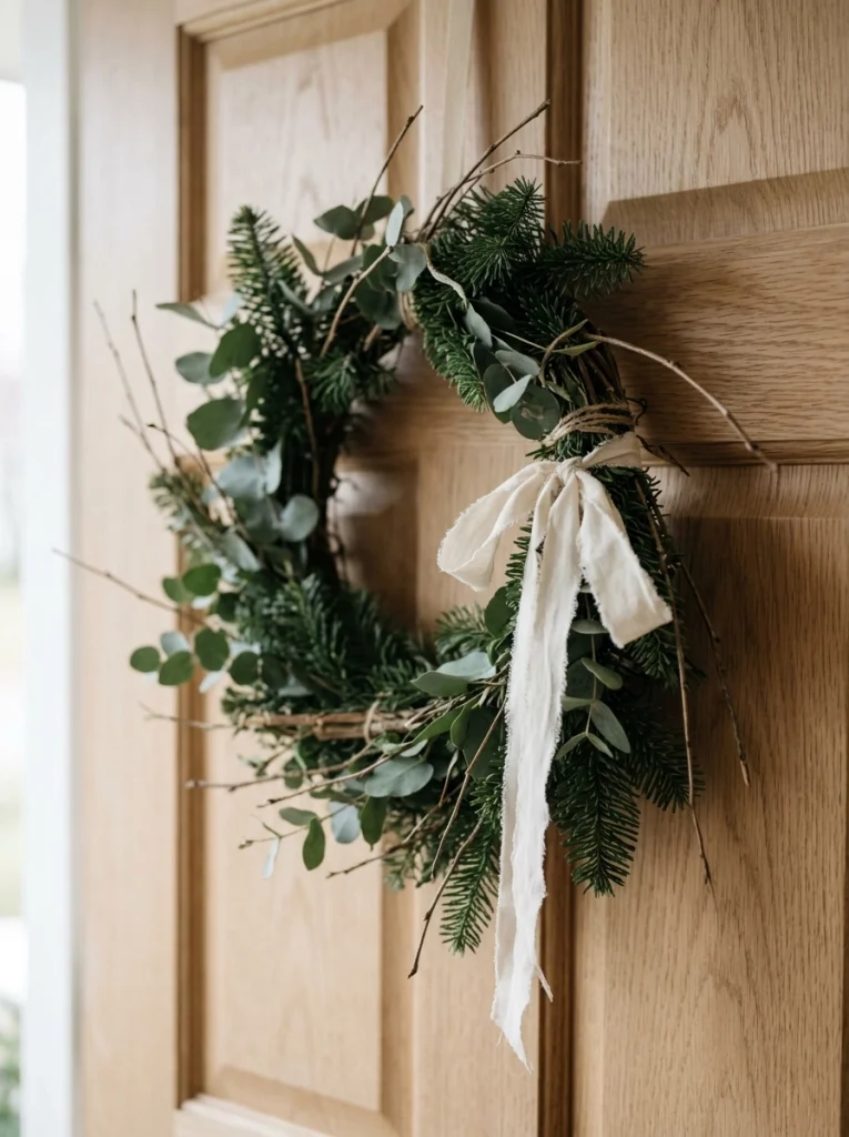 A simple evergreen Christmas wreath with an ivory ribbon for understated seasonal front door decor.