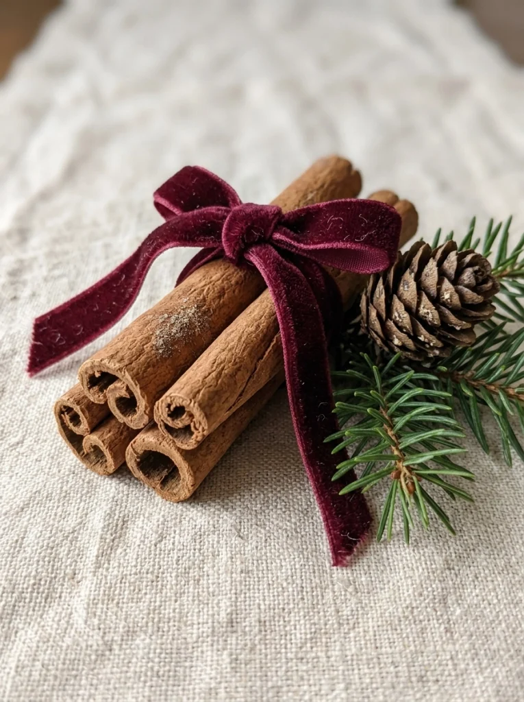 Cinnamon sticks tied with velvet ribbon make inexpensive rustic Christmas decorations for gifts and table settings.