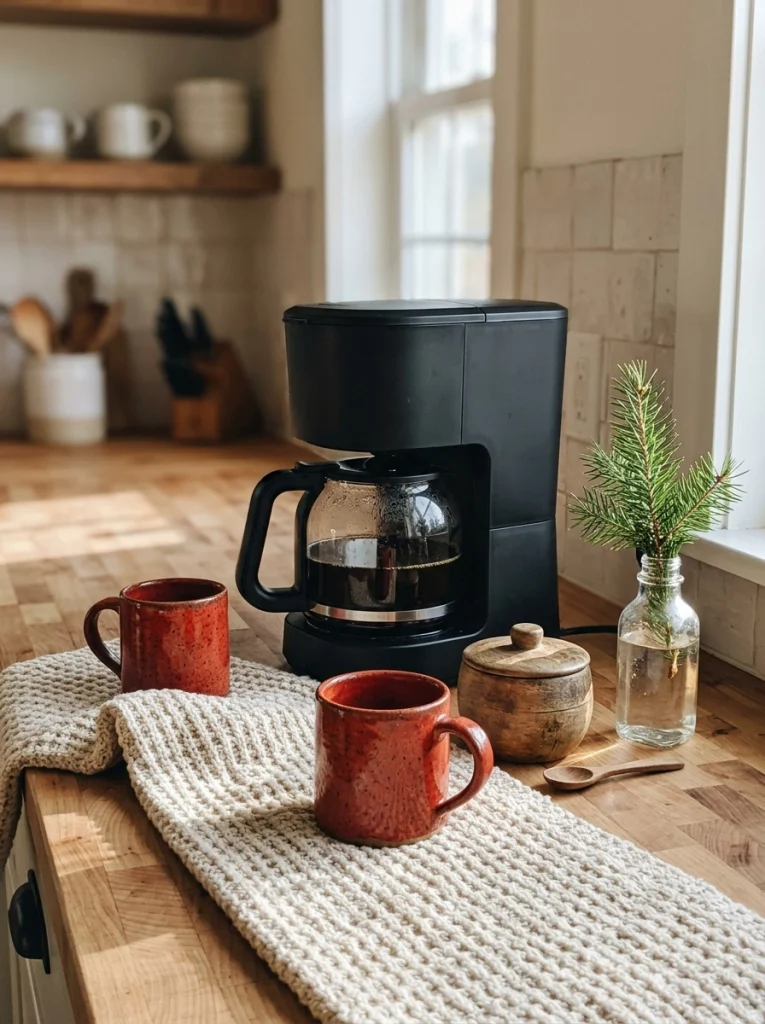 Christmas coffee station with red mugs, evergreen greenery, and rustic wooden accessories.