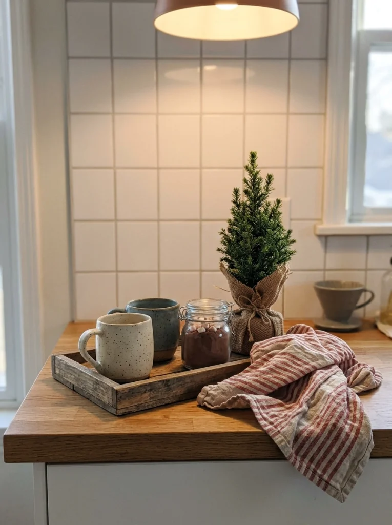 A small Christmas coffee station adds a festive touch to an apartment kitchen counter.