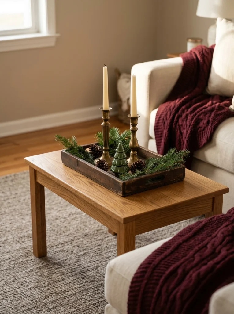A thrifted tray with simple Christmas accents creates budget-friendly coffee table decor.