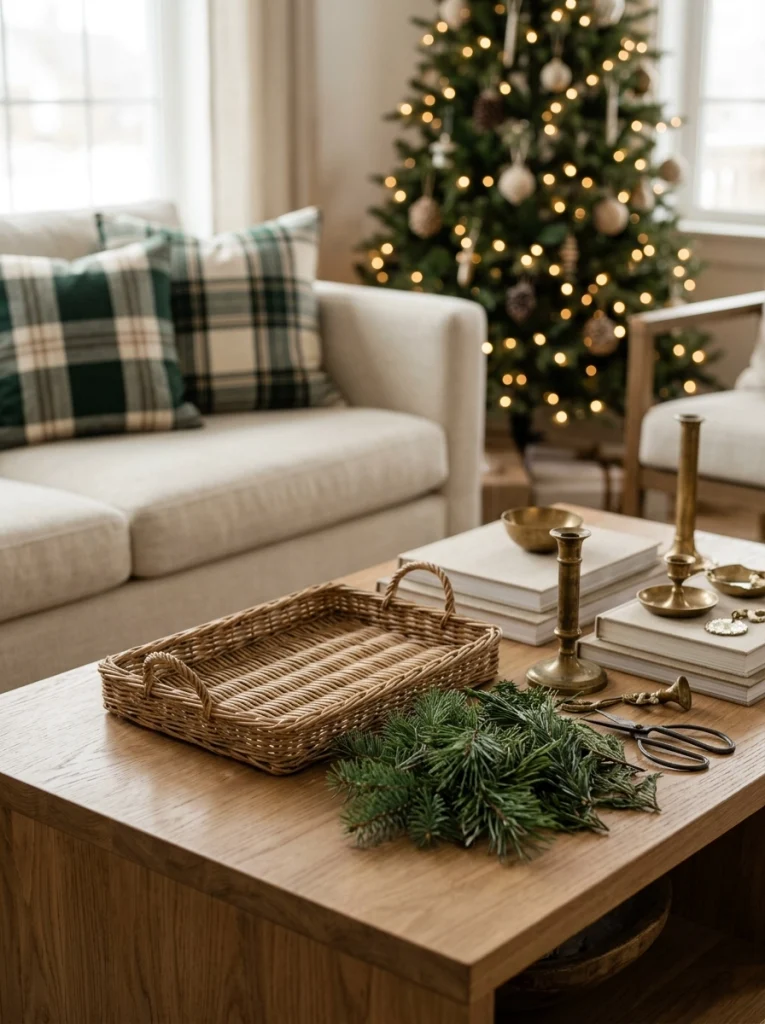 A woven tray positioned on a coffee table as the foundation for an elegant Christmas centerpiece.