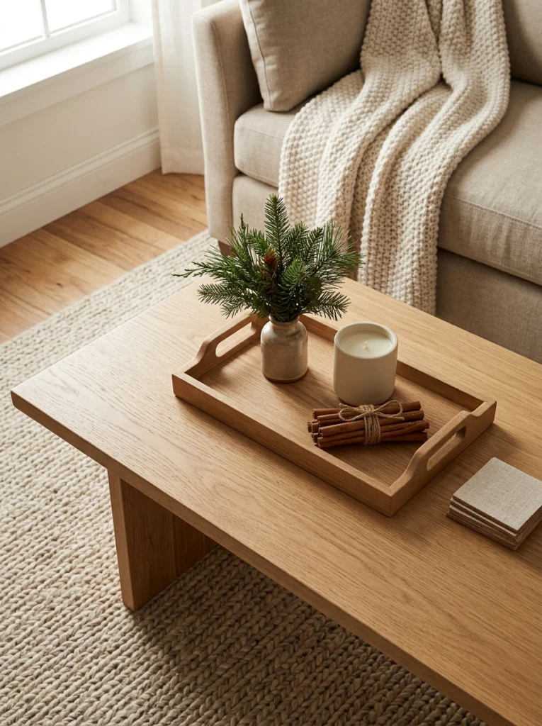 Christmas coffee table decor with a wooden tray, evergreen branches, and simple seasonal accessories.