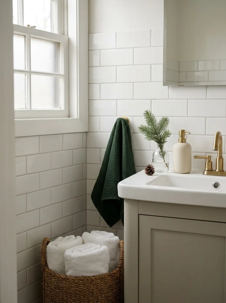 A green hand towel and small evergreen sprig create inexpensive Christmas bathroom decor.