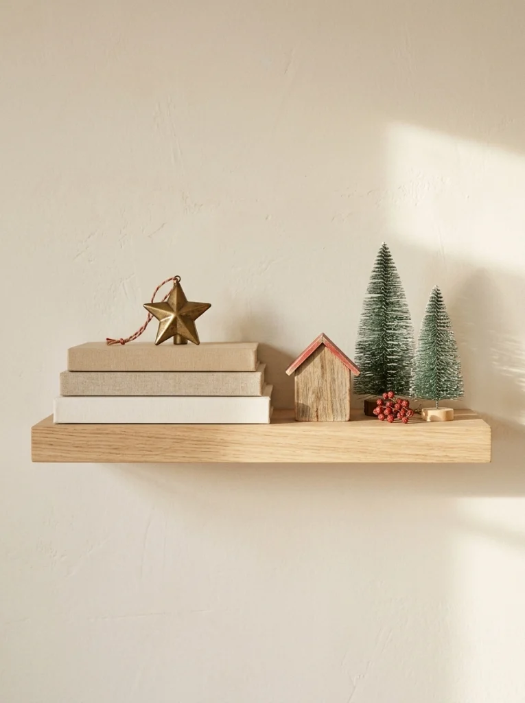 Books and miniature Christmas trees create an easy holiday shelf display in a small apartment.