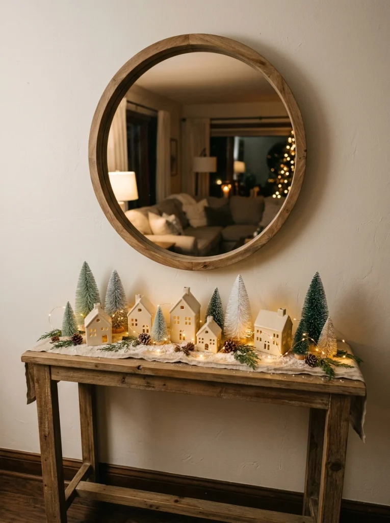 Farmhouse Christmas console table decorated with miniature houses and a simple winter village.