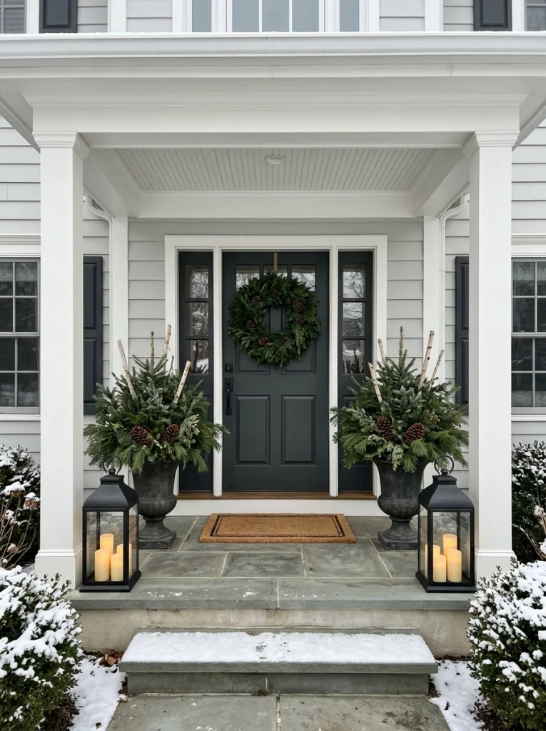 Luxury Christmas porch decor with oversized lanterns, evergreen planters, and a simple wreath.