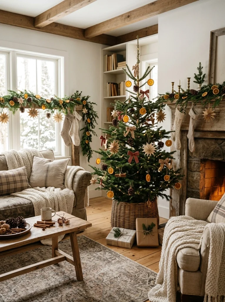 Handmade DIY Christmas decorations, including paper stars, orange garlands, and rustic ornaments, create a cozy holiday living room.
