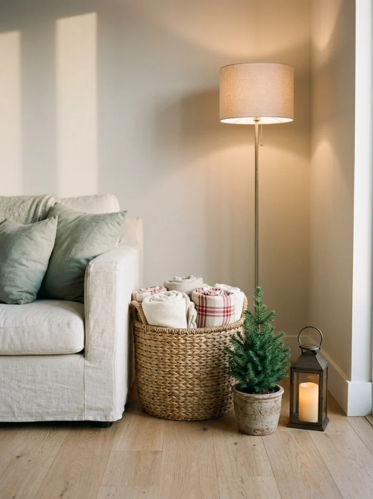 A woven basket with Christmas blankets makes a cozy decorative corner in a small apartment.
