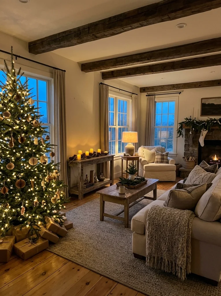 Farmhouse Christmas home decor with warm layered lighting, a glowing tree, and cozy neutral furnishings.