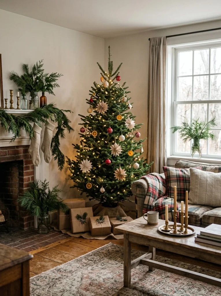 Budget Christmas home decor with a small decorated tree, handmade ornaments, cozy textiles, and affordable holiday accents.