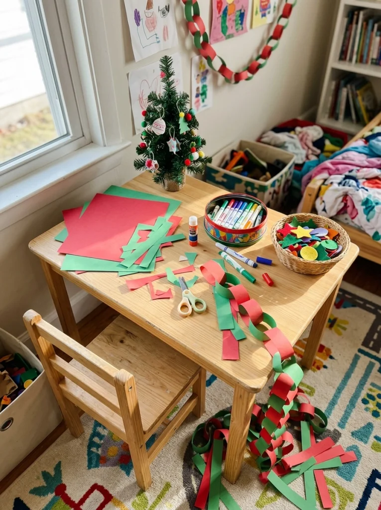 A Christmas craft station in a child's bedroom with paper, felt decorations, and colorful supplies.