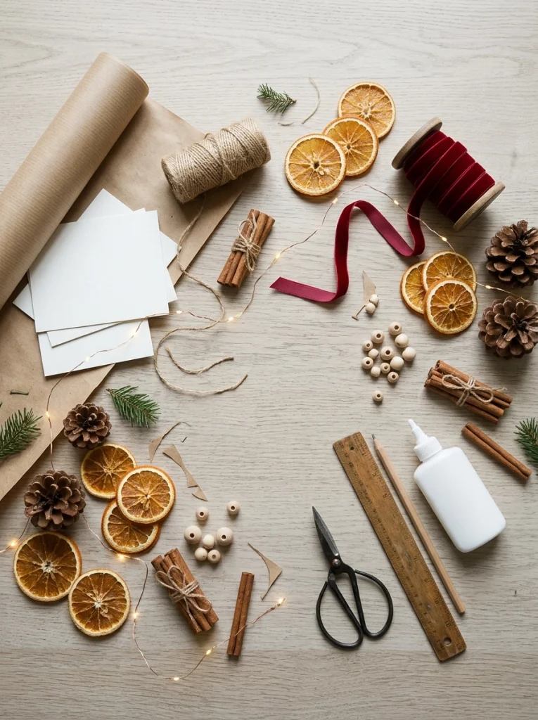 Affordable materials and tools for making homemade Christmas ornaments, garlands, and rustic holiday decorations.