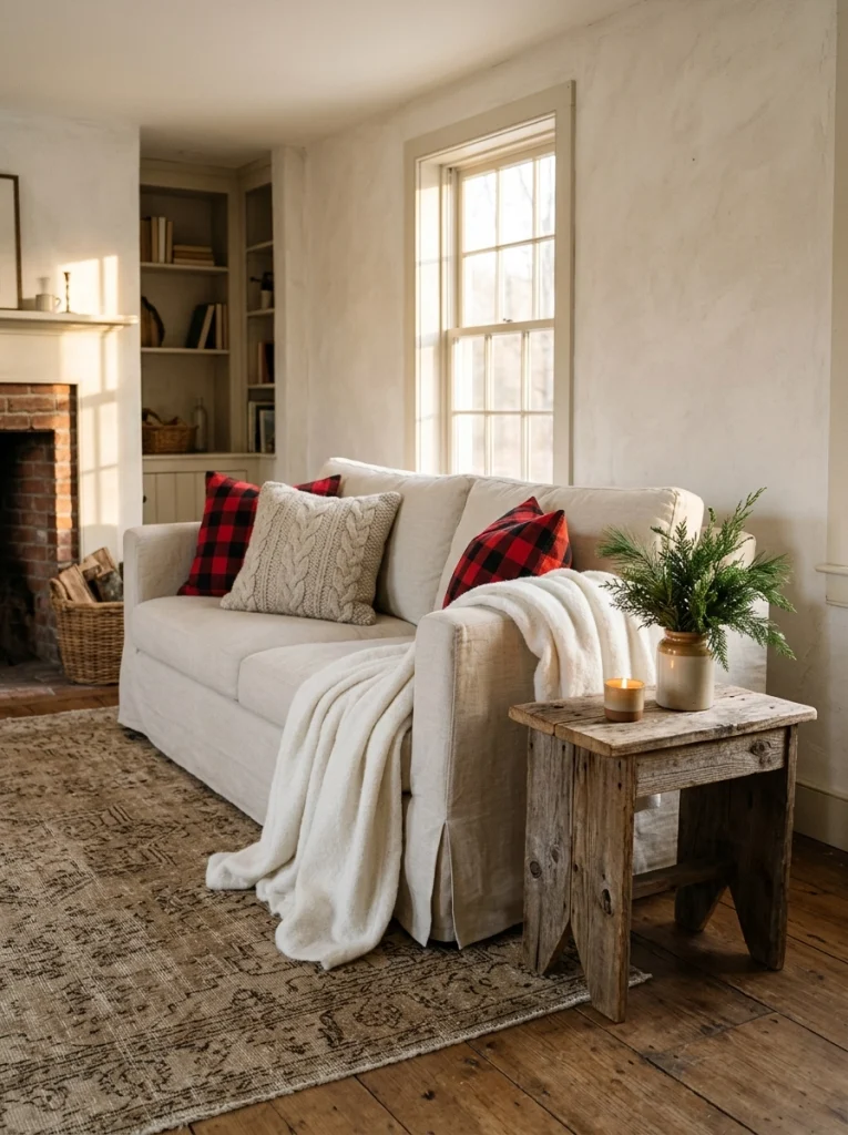 Cozy farmhouse Christmas home decor with red plaid pillows and soft neutral sofa textiles.