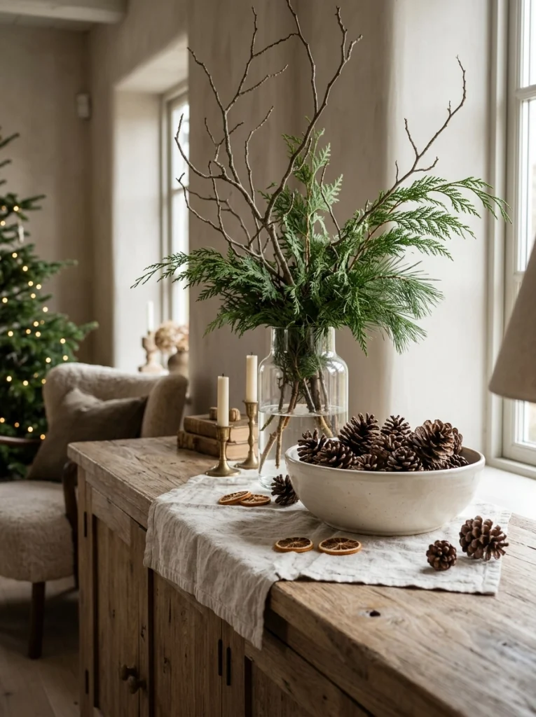 Natural Christmas decor with pinecones, cedar branches, and neutral ceramic accessories.