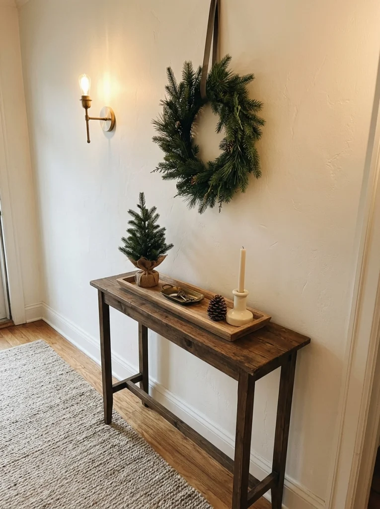 A small entryway tray with evergreen accents creates simple budget Christmas home decor.
