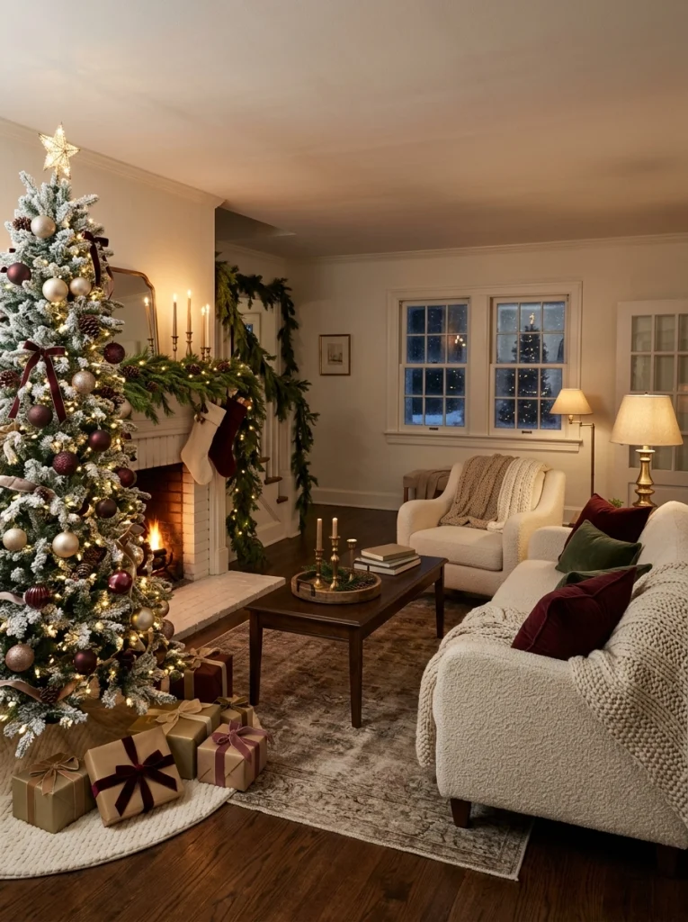 Christmas living room decor ideas featuring a glowing Christmas tree, cream furnishings, burgundy ornaments, and cozy winter textures.