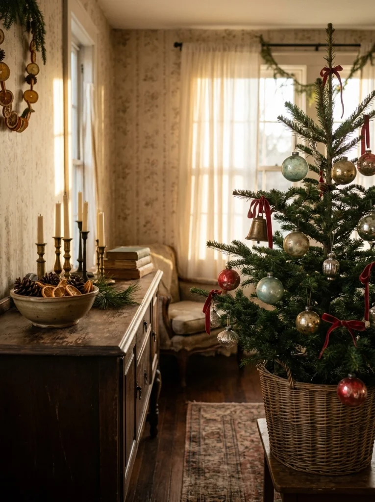  Vintage Christmas living room decor with antique-style glass ornaments, red velvet ribbon, and thrifted holiday accessories.