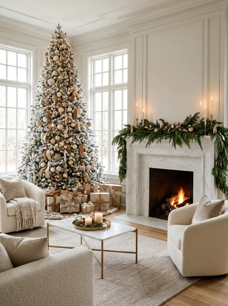 Luxury Christmas home decor ideas featuring an elegant champagne gold tree, ivory furnishings, and a beautifully decorated fireplace.