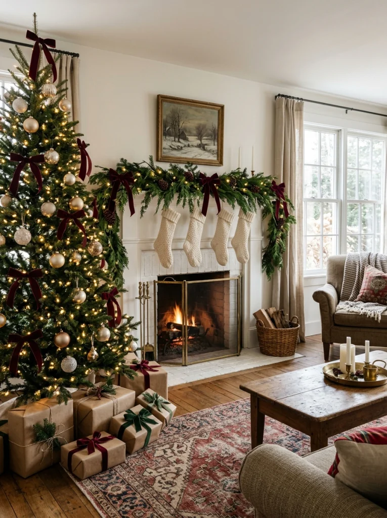 Christmas home decor ideas featuring a beautifully decorated tree, warm lights, and cozy neutral holiday accents in a traditional living room.