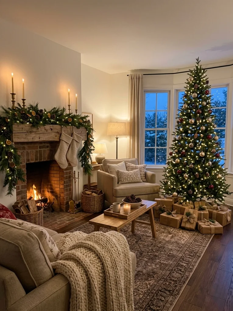 How to decorate your home for Christmas with warm lights, natural greenery, and cozy neutral living room decor.