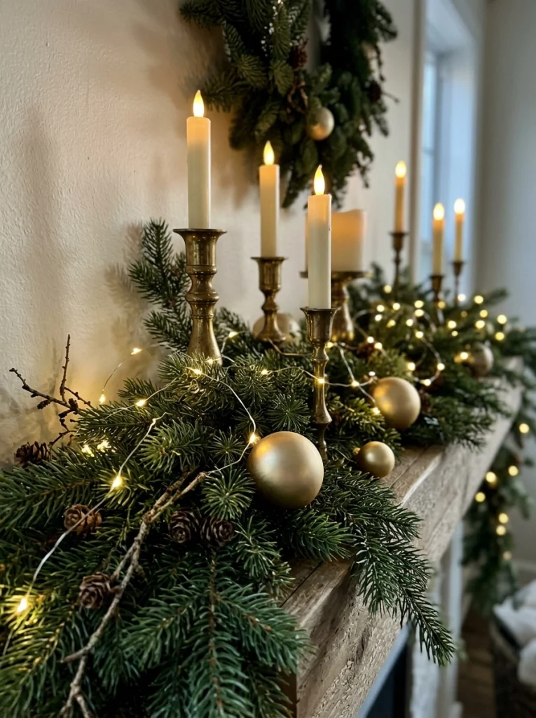 Warm white Christmas lights woven through pine garland create a cozy holiday mantel display.
