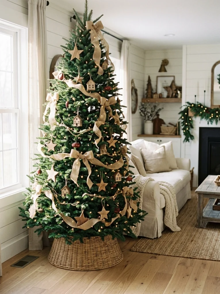 Farmhouse Christmas home decor with a natural Christmas tree and handmade wooden ornaments.