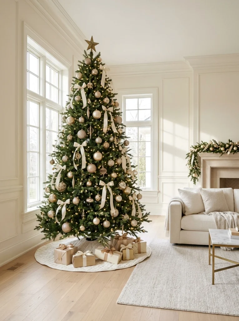 Luxury Christmas home decor ideas with a champagne gold Christmas tree and elegant neutral ornaments.