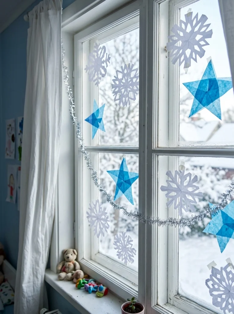Handmade paper snowflakes decorating a child's bedroom window for Christmas.