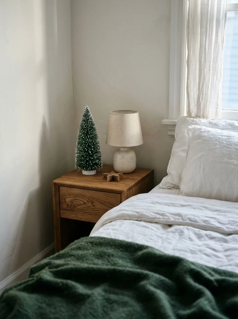 Miniature Christmas trees add affordable festive details to bedroom nightstands.