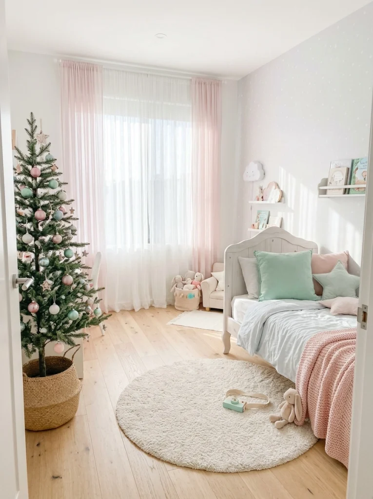 Pastel kids Christmas room decor ideas with pink, mint, and blue ornaments in a light bedroom.