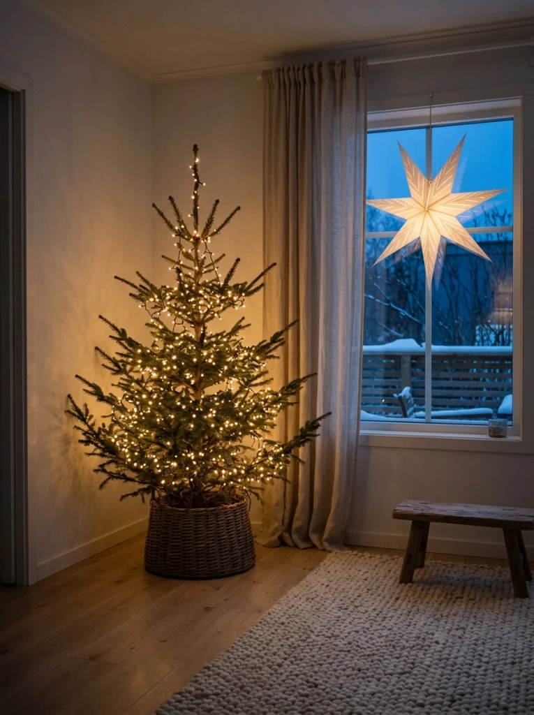 A simple Scandinavian Christmas tree with warm white lights and a paper star in a neutral living room.