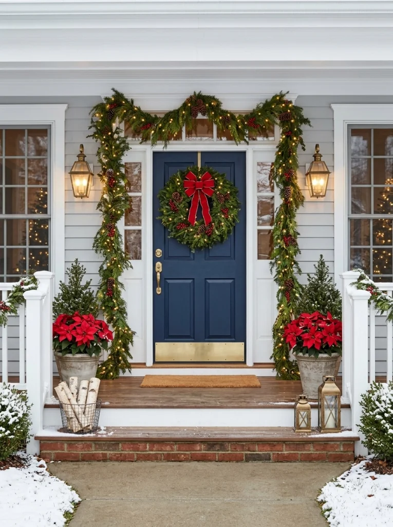 How to decorate a front door for Christmas with an evergreen wreath, red ribbon, glowing lanterns, and natural garland.