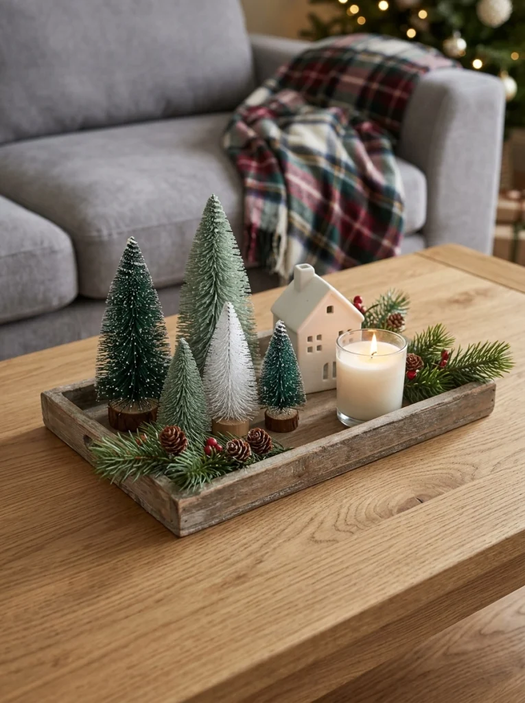 Christmas coffee table styling with miniature trees, pine branches, a ceramic house, and a wooden tray.