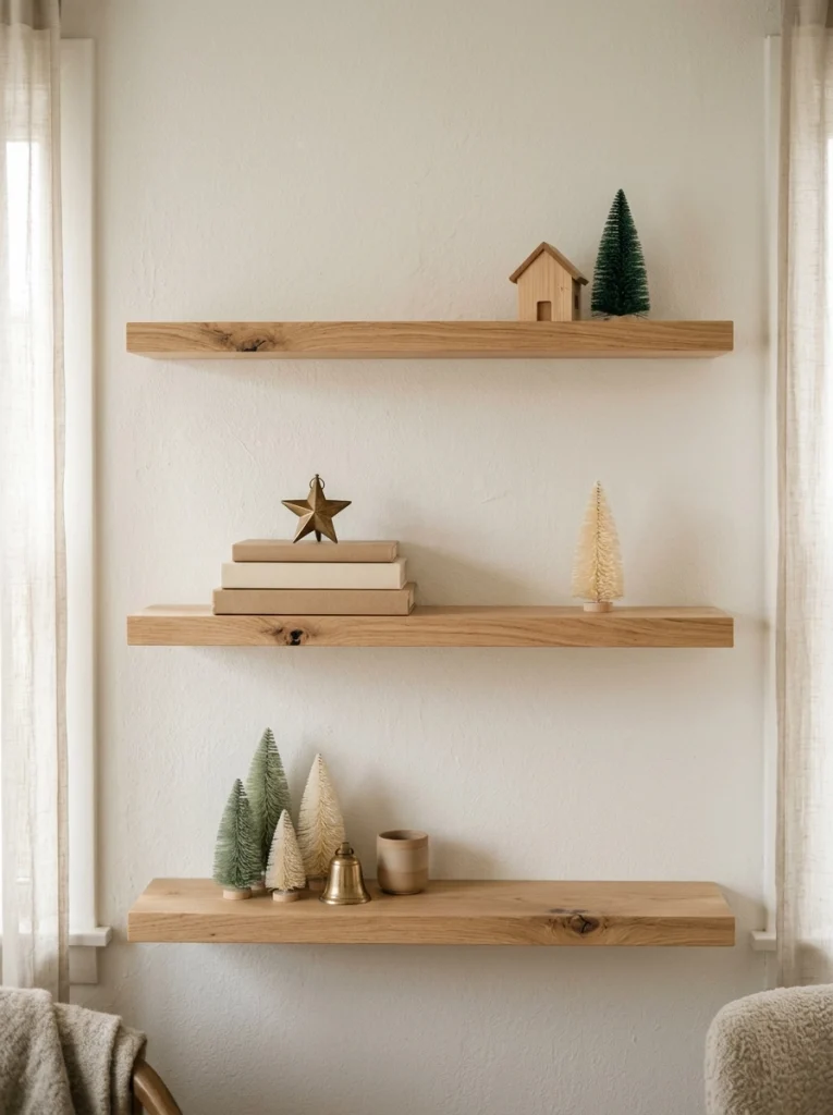 Miniature Christmas trees and everyday books create affordable holiday shelf styling.