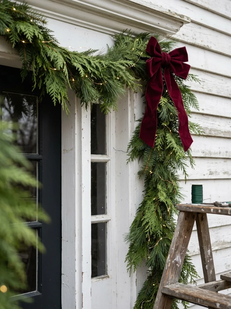 Shaping Christmas garland around a front door and adding a burgundy velvet bow for a traditional holiday style.