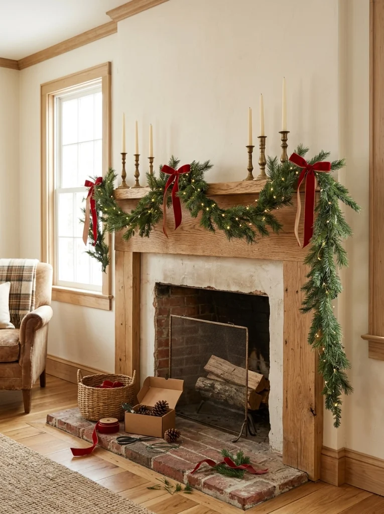 Decorating a Christmas mantel with affordable greenery, ribbon, and warm lights.