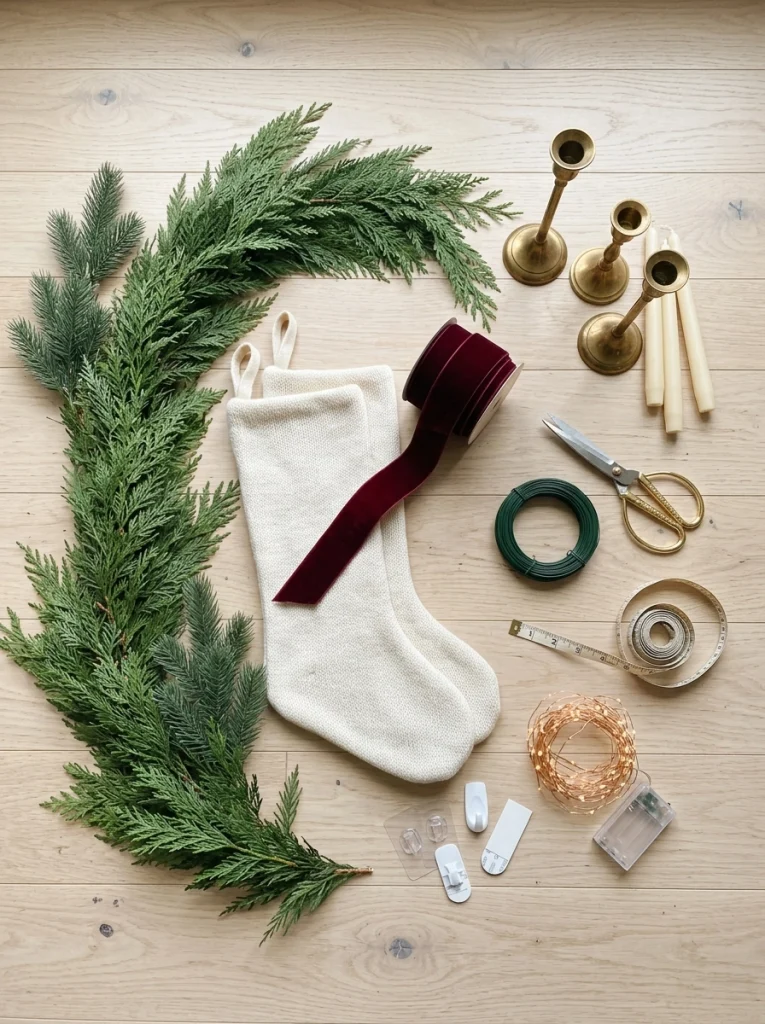 Christmas mantel decorating supplies including greenery, ribbon, candleholders, stockings, and battery-operated lights.
