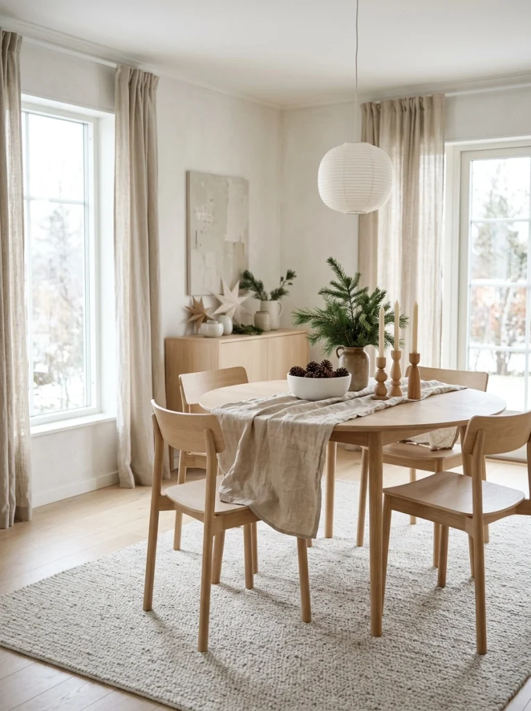 Scandinavian Christmas decor with natural wood accents, pinecones, and restrained seasonal styling.
