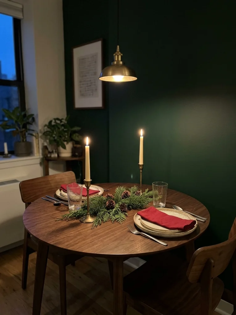 A simple evergreen centerpiece creates Christmas dining decor for a small apartment table.
