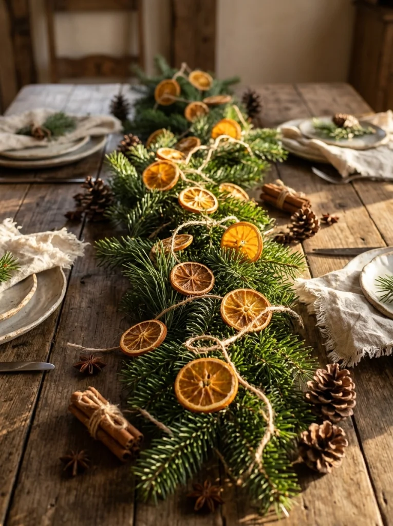 Dried orange slices and evergreen branches create natural budget Christmas home decor.