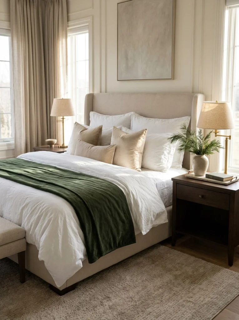 Luxury Christmas bedroom decor with white hotel-style bedding, velvet accents, and brass lighting.