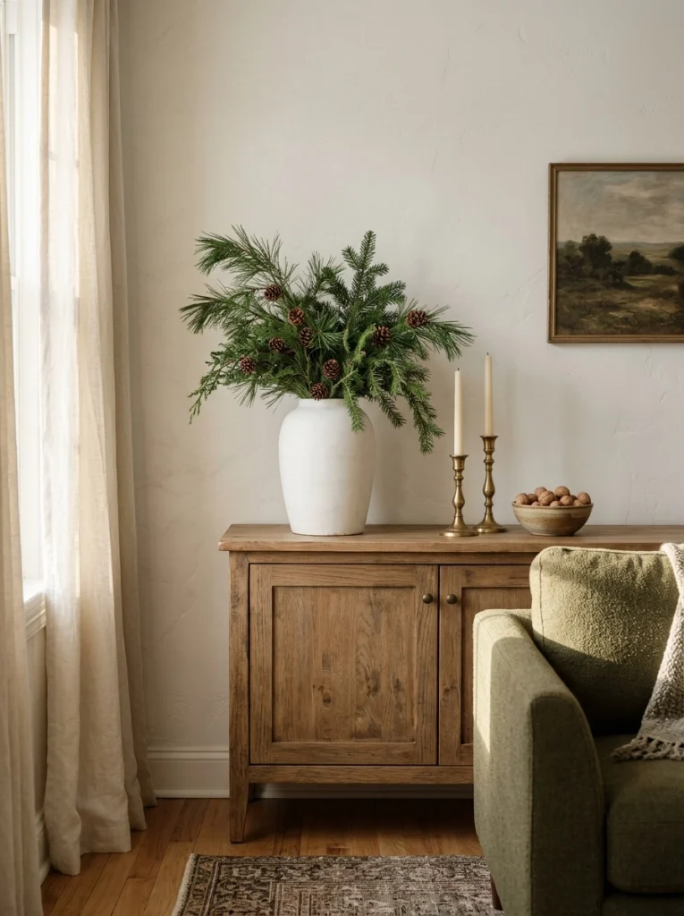 Natural Christmas living room decor with fresh evergreen branches in a white ceramic vase and brass accents.