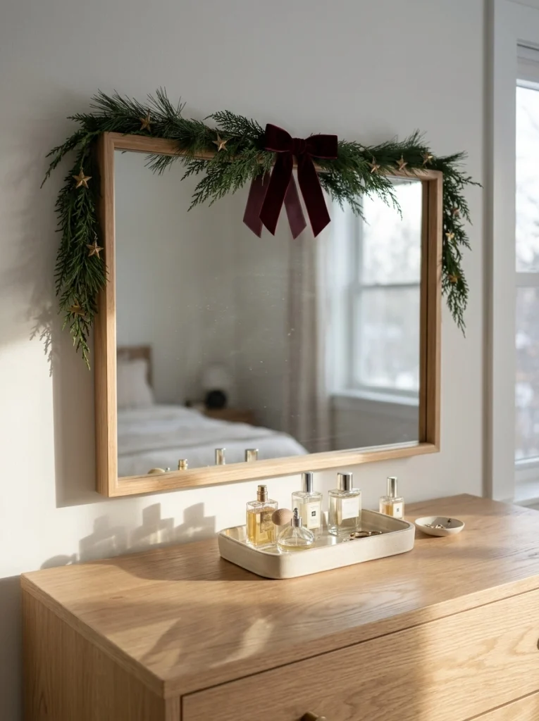 A slim evergreen garland around a bedroom mirror creates an elegant Christmas accent.