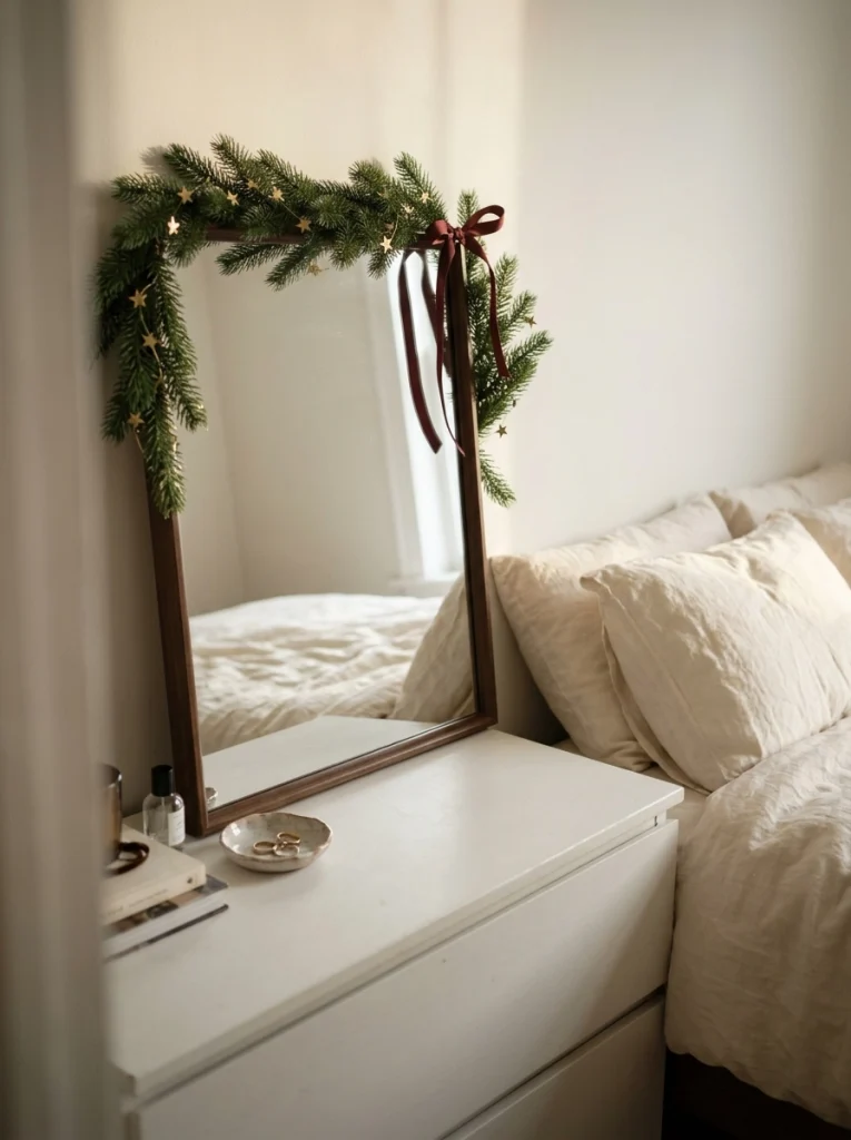 A slim Christmas garland above a bedroom mirror adds seasonal greenery without taking up space.