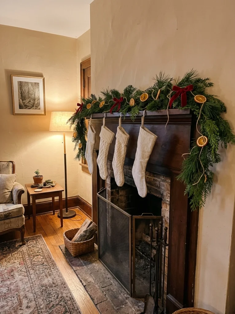 Natural greenery and simple ribbon create affordable Christmas mantel garland decor.