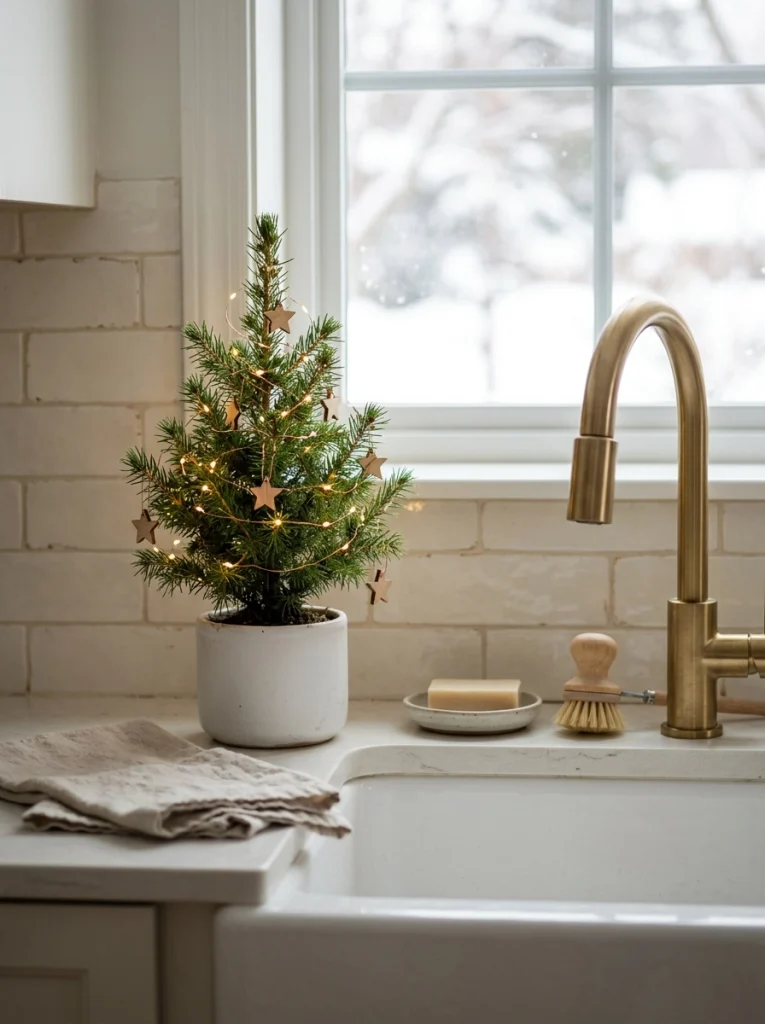 Small decorated Christmas tree beside a kitchen sink with warm lights and wooden ornaments. 