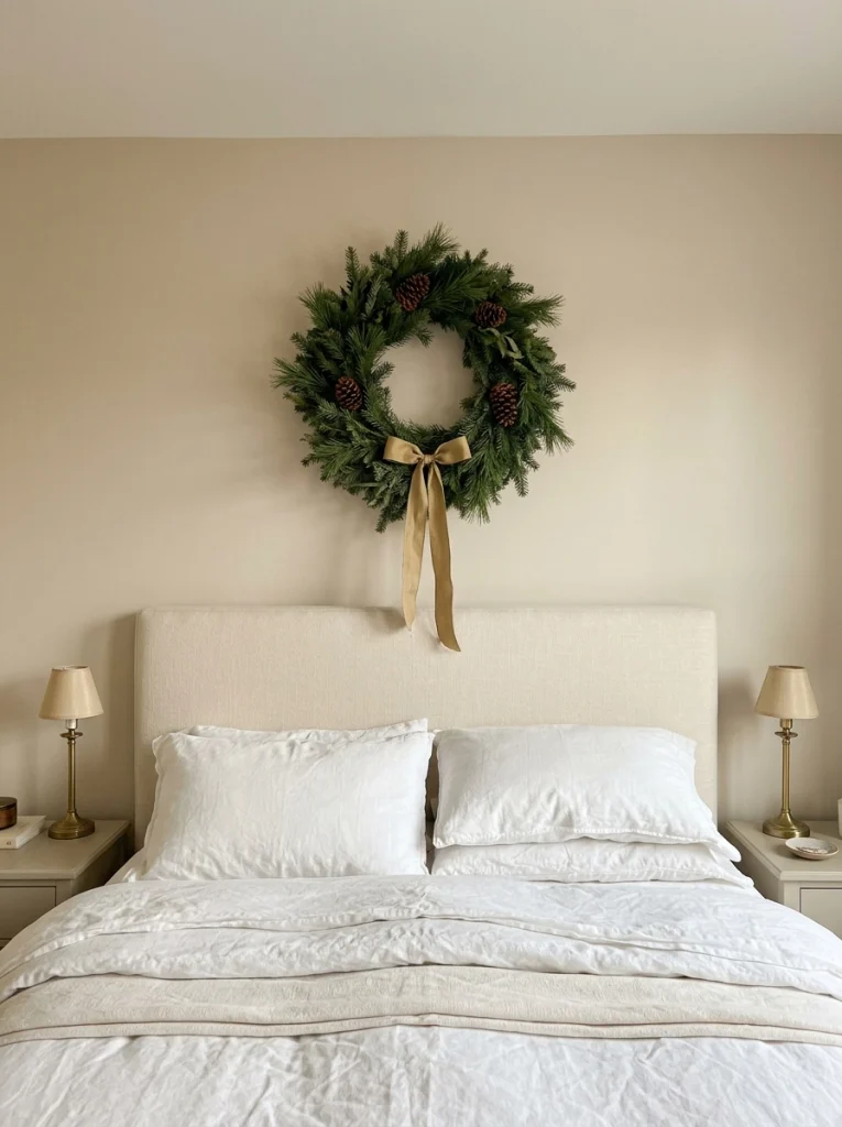 A small evergreen wreath above the headboard creates a classic Christmas bedroom focal point.