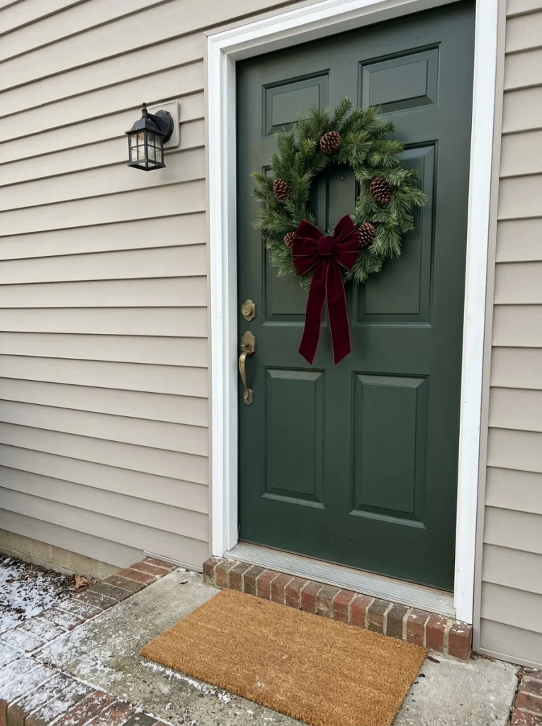 An affordable evergreen Christmas wreath with a burgundy bow creates a welcoming holiday front door.