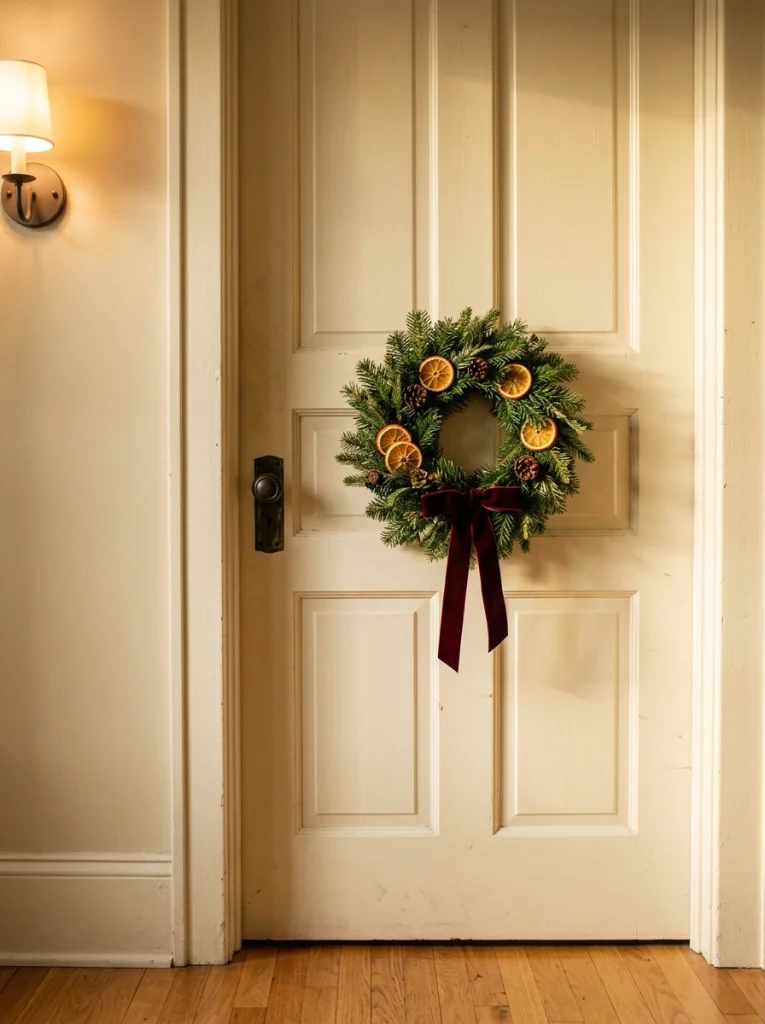 Christmas home decor ideas featuring a natural wreath with dried orange slices and a burgundy bow.